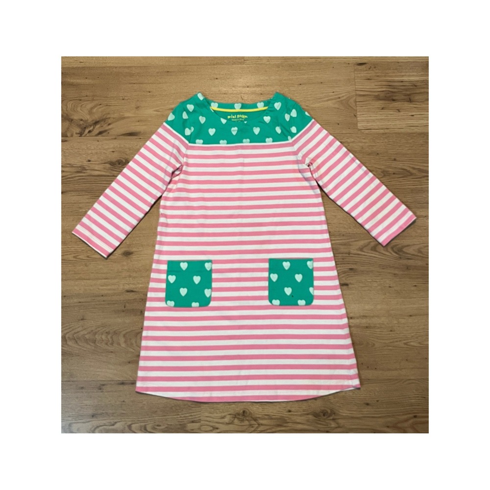 Mini Boden Dress Girls size 9-10Y Pink Stripe Green Heart Pocket Cotton School - Picture 2 of 8